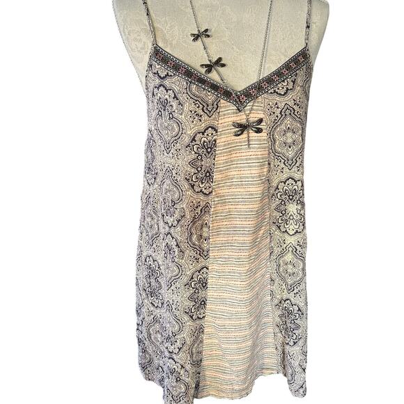 Anthro Cottagecore Fairy Patchwork Mini Dress – Boho Paisley Striped Slip Tunic - Picture 1 of 5